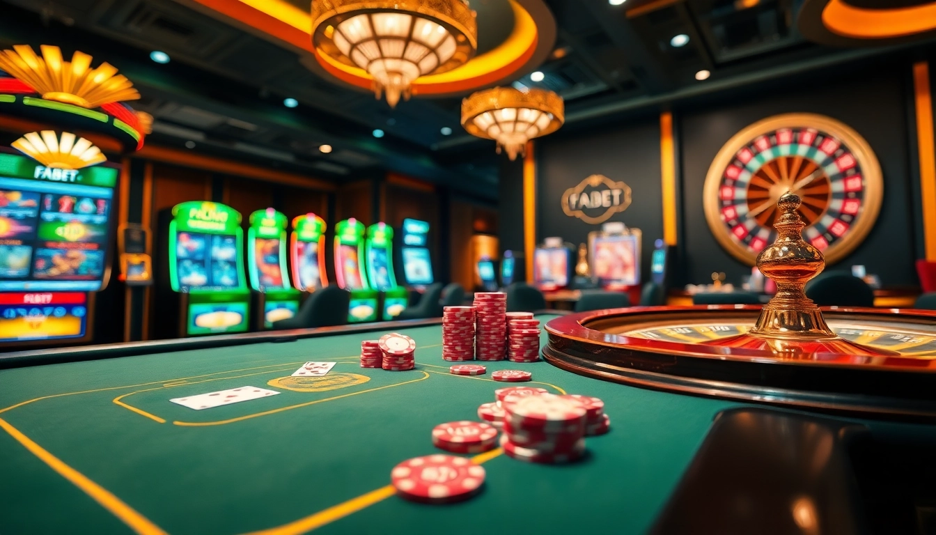 Exciting casino atmosphere showcasing FABET's vibrant gambling experience with poker, slots, and roulette.