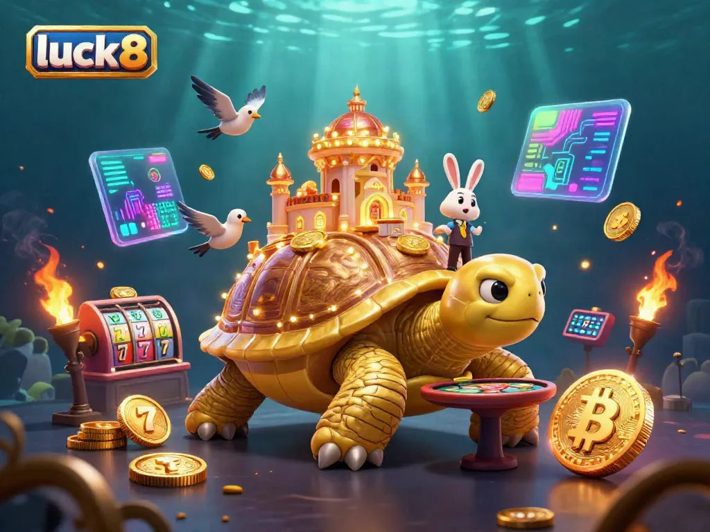 Experience the excitement of luck8 with a golden tortoise casino, showcasing thrilling jackpots and golden coins.
