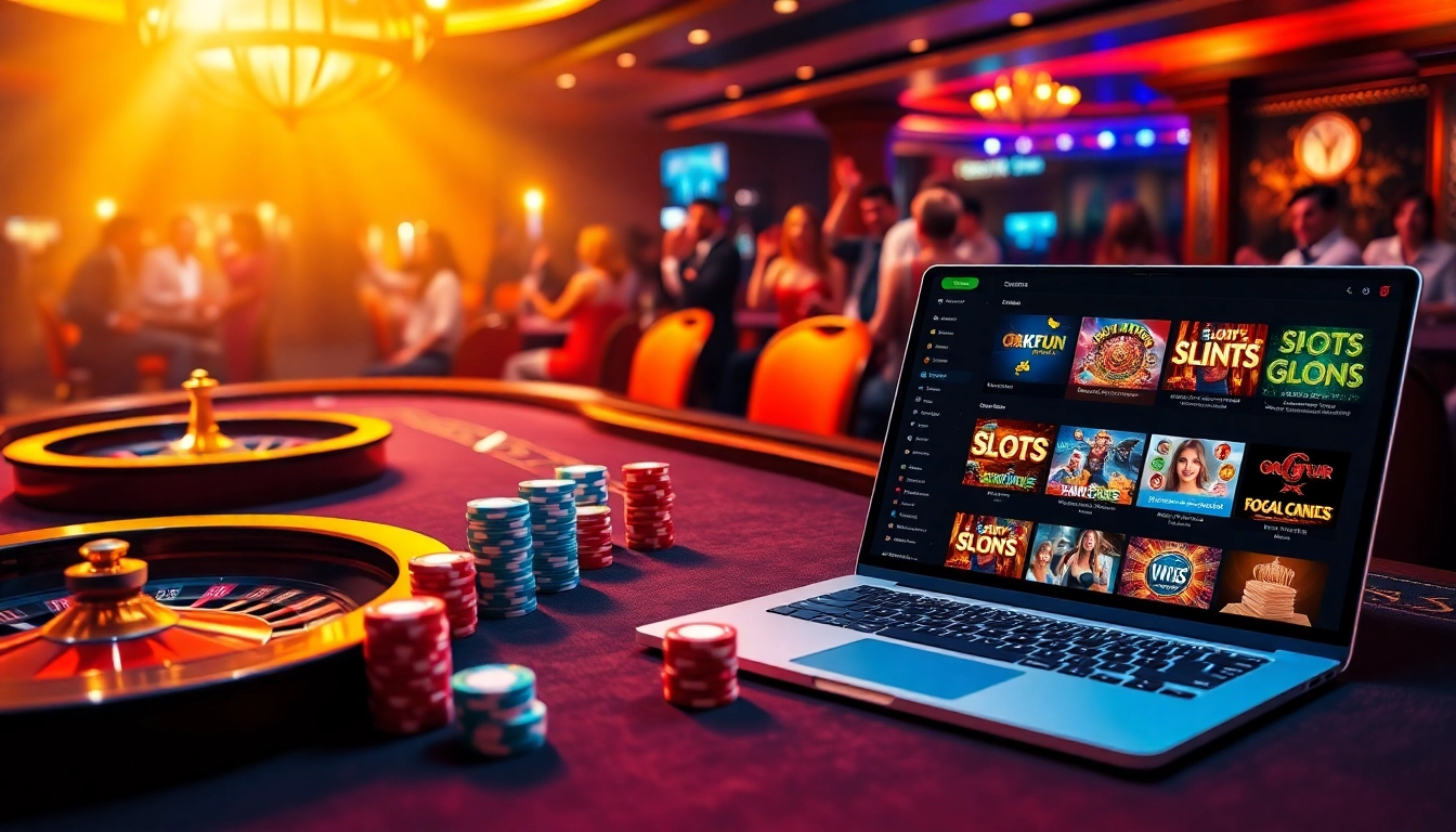 Experience thrilling okfun games at a vibrant casino with poker tables and roulette wheels.