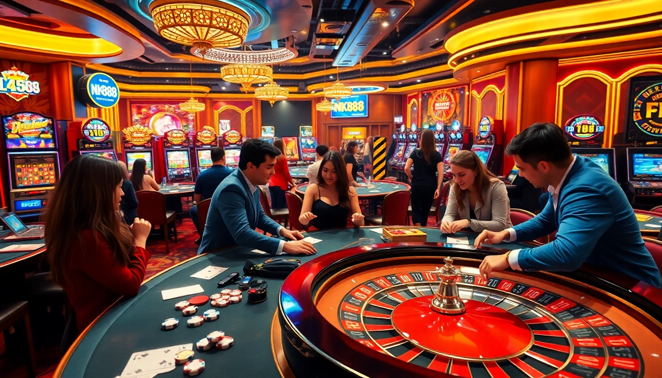 Exciting NK88 casino scene with players enjoying poker and roulette under vibrant lights.
