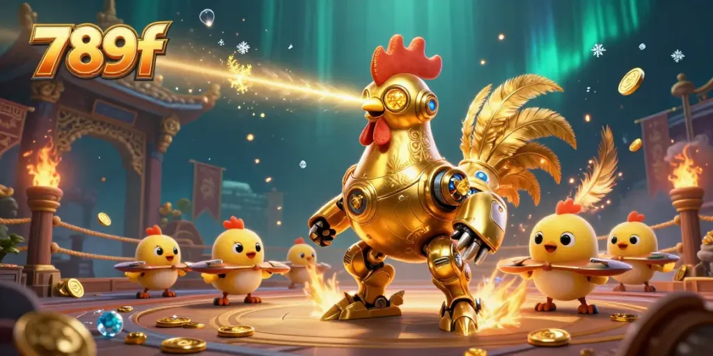 Engage with 789f's exciting gambling action featuring a golden rooster robot amidst swirling gold and ember particles.