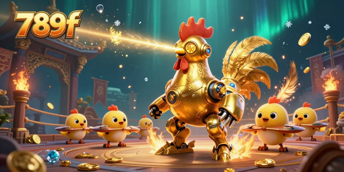 Engage with 789f's exciting gambling action featuring a golden rooster robot amidst swirling gold and ember particles.