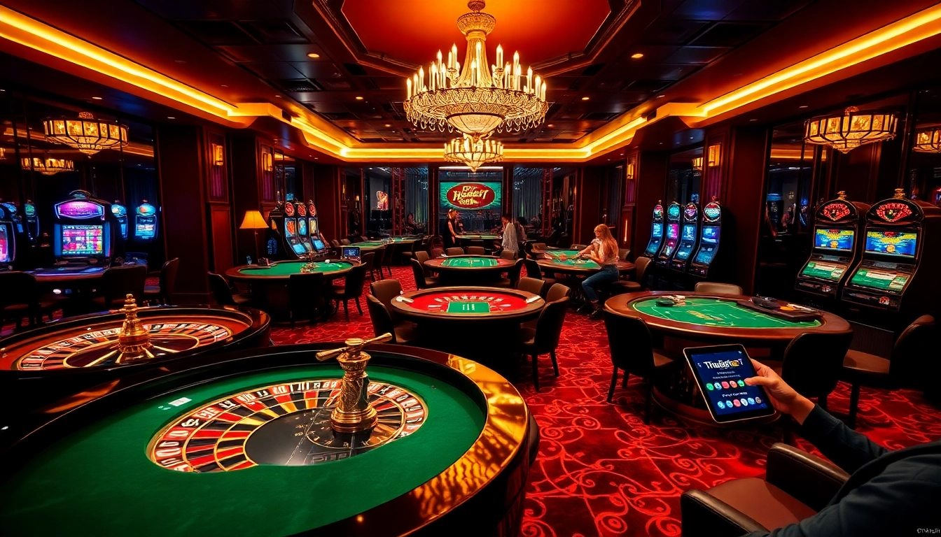 Players enjoying a thrilling gaming experience at thabet77.sa.com, featuring vibrant casino elements.