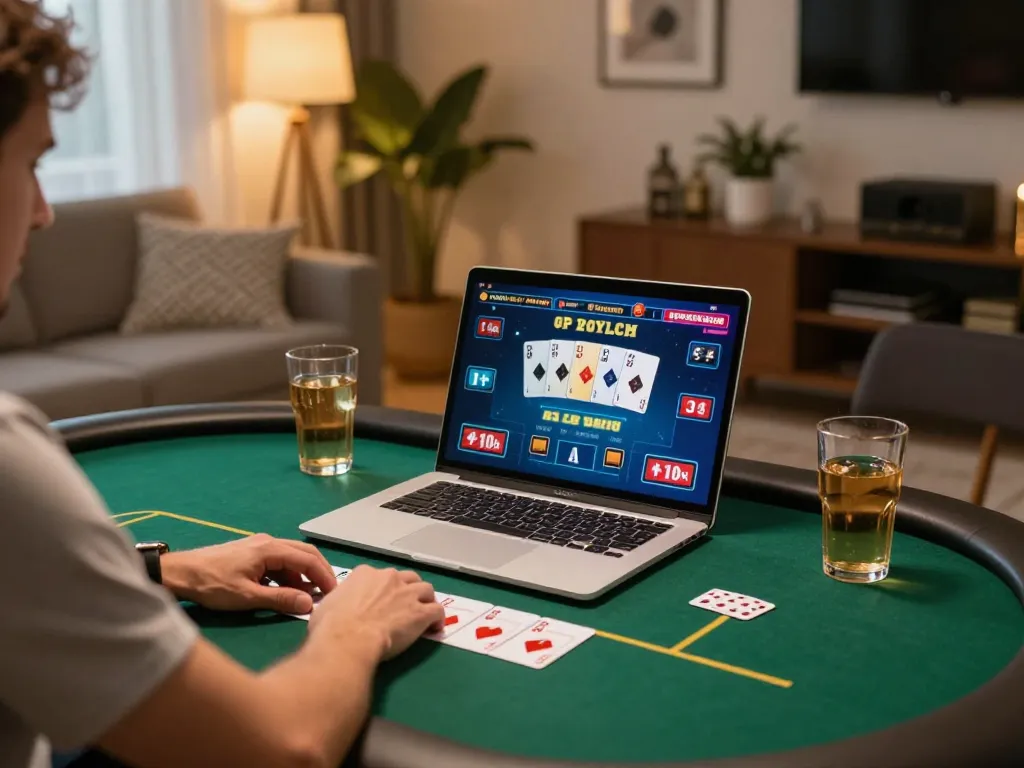 b52club player enjoying online poker game on a laptop in a cozy home setting.