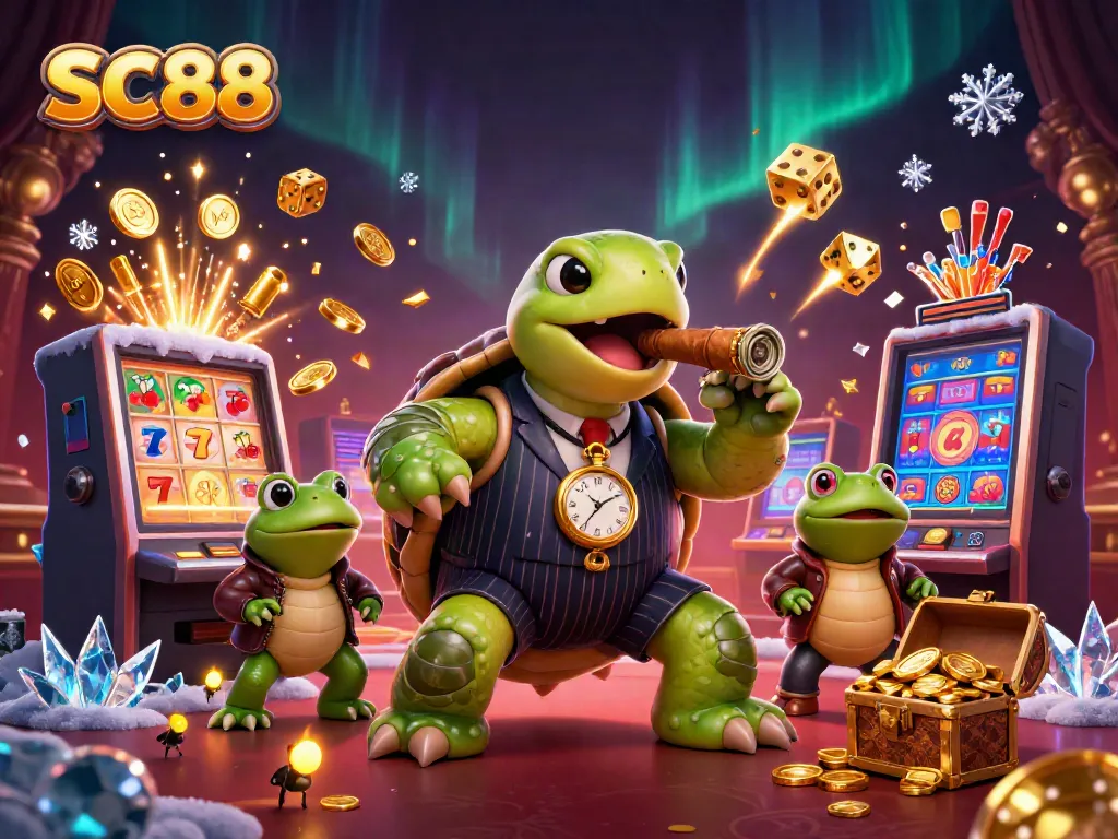Experience SC88's thrilling casino adventure with cartoon turtle and frog enforcers in a vibrant environment.