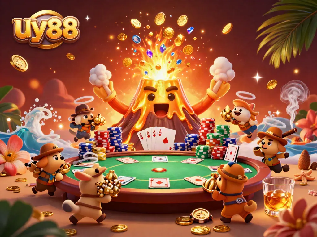 Engage in excitement at uy88 with a vibrant scene of golden volcano treasure, poker tables, and animated characters.