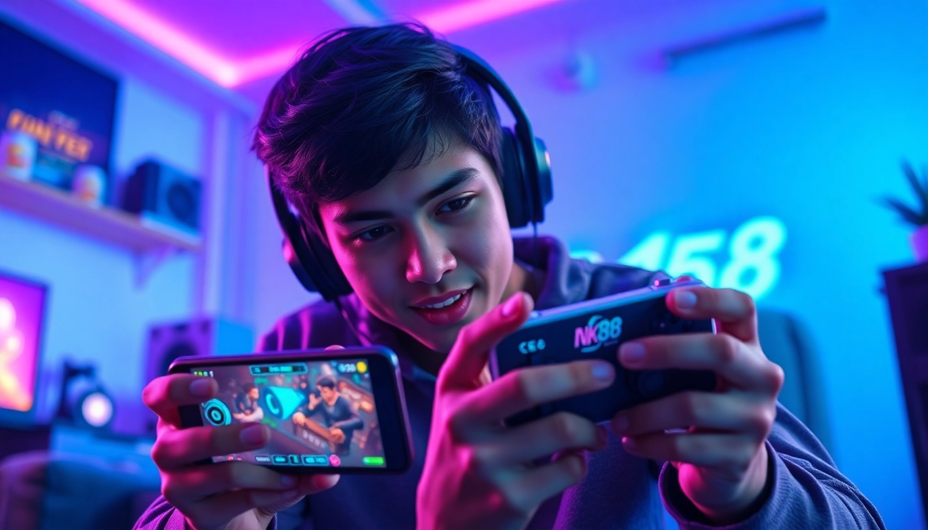 Immersive scene showcasing nk88 gaming app on a mobile device with an engaged gamer.