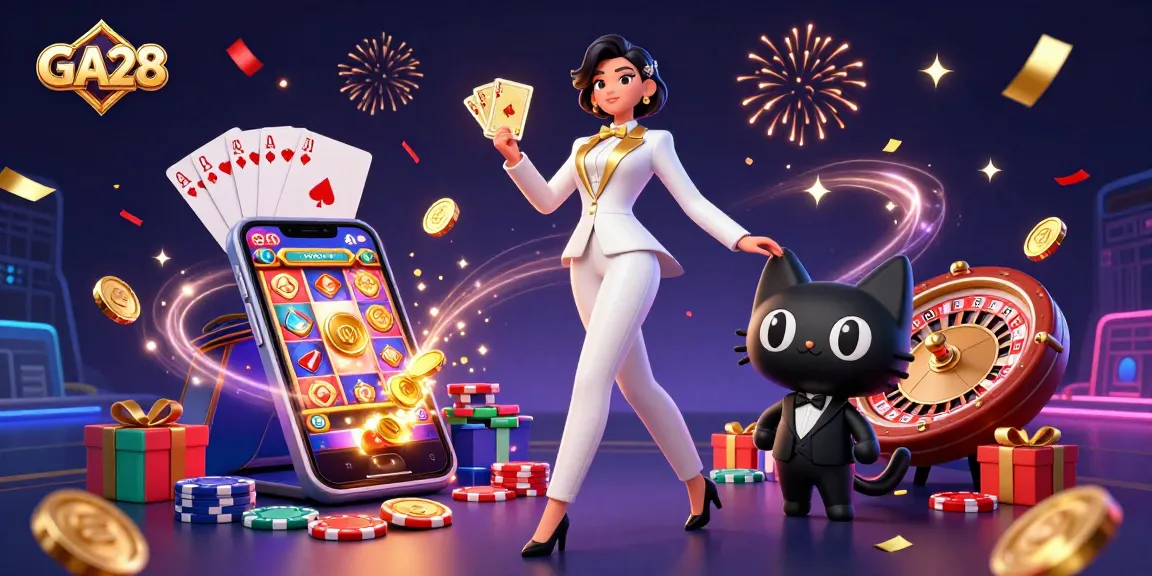 Engage with the thrilling gaming action at GA28, featuring a glamorous woman and playful cat in a casino scene.