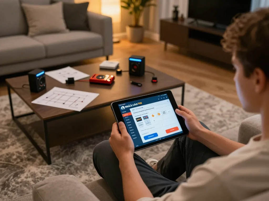 Engaged player using NHÀ CÁI F168 app in cozy home setup, surrounded by strategic notes and gaming accessories