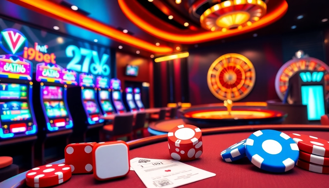 An exciting scene of i9bet's online casino with vibrant slot machines, poker chips, and betting slips.