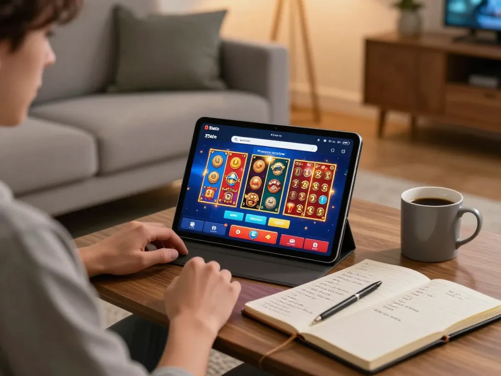 Player enjoying 33win app on tablet, focusing on exciting online casino gameplay at home.