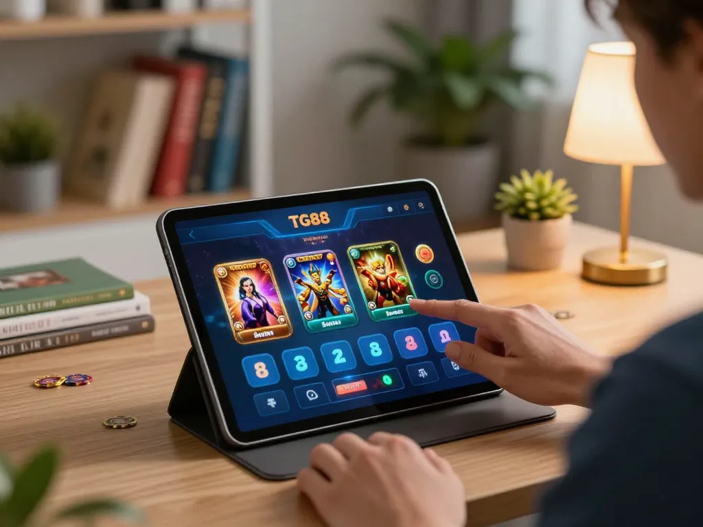 Player using the TG88 app on tablet for online casino gaming in a cozy home setting