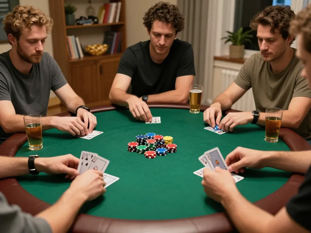 Engaged players at a cozy home poker game using strategy with colorful 90P chips.
