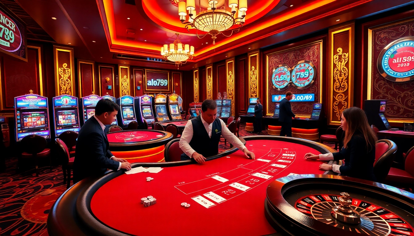 Players enjoying a thrilling game at alo789 casino, featuring an elegant poker table and vibrant slot machines.