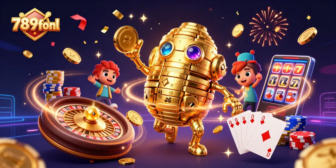 Experience thrilling wins at 789fonl with golden golem and dynamic casino elements in a vibrant casino scene.