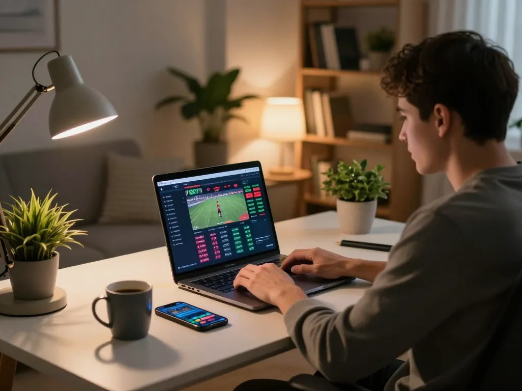 Engaged user betting on F8BET through a laptop in a modern home office with cozy ambiance.