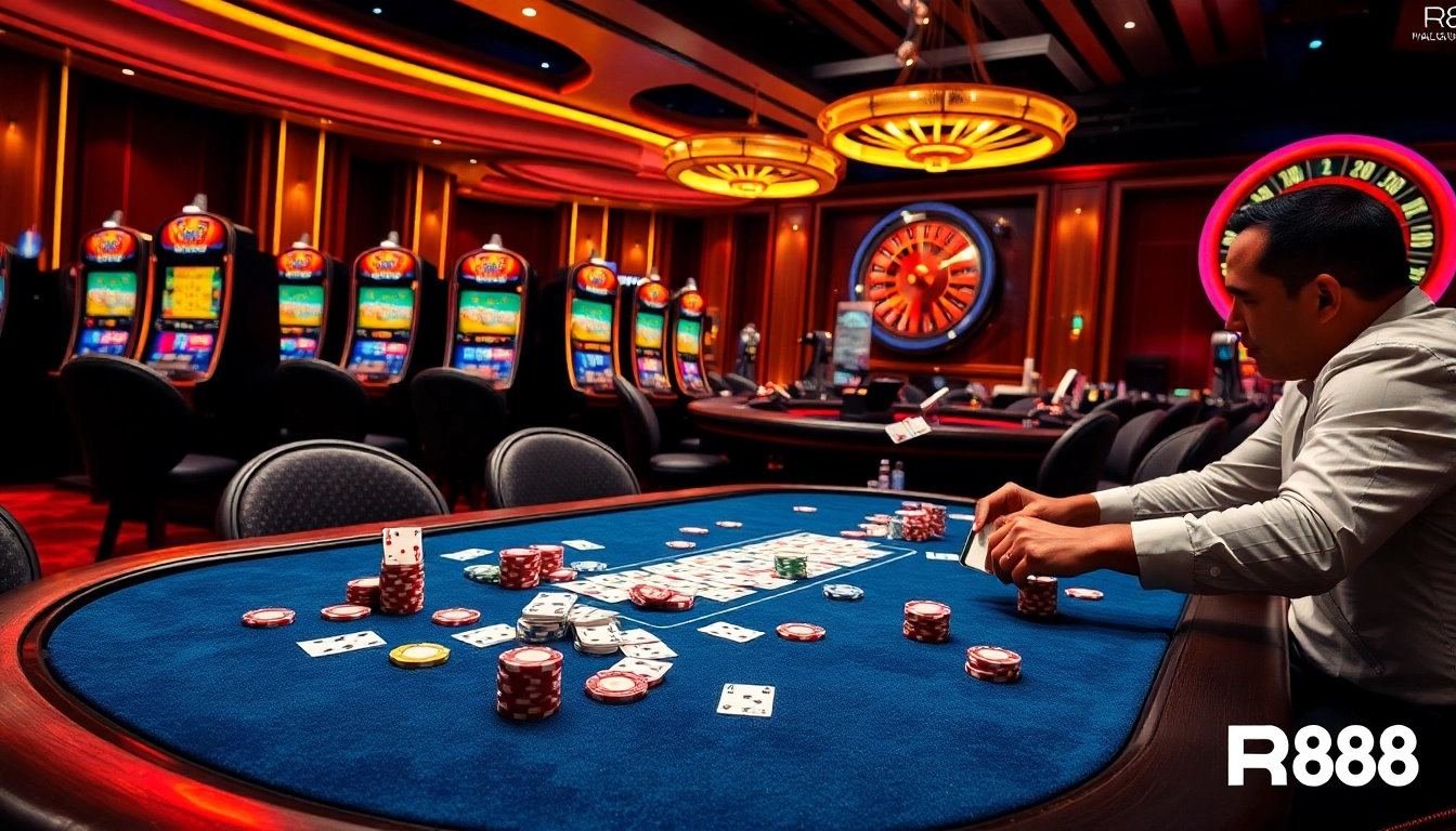 Experience thrilling gameplay at RR88 casino with a vibrant poker table and spinning roulette wheel.