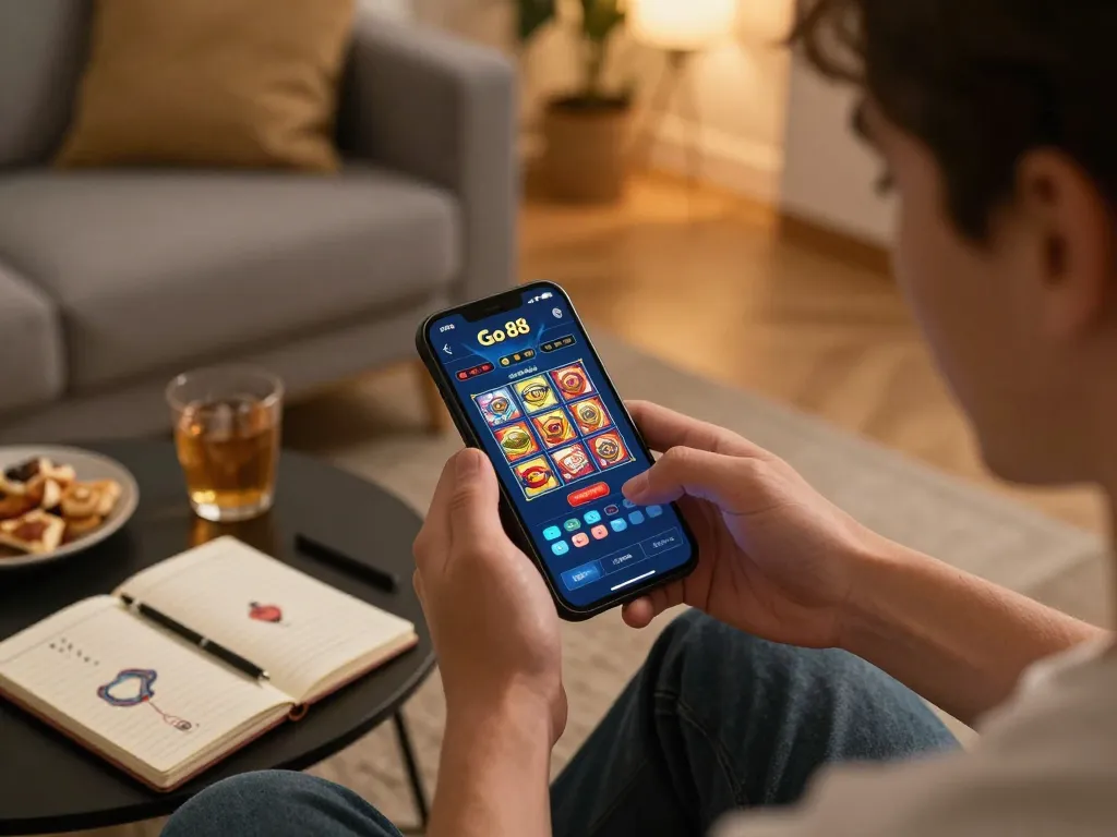 Engaging gaming session on Go 88 app, showing vibrant slots on smartphone in a cozy setting.