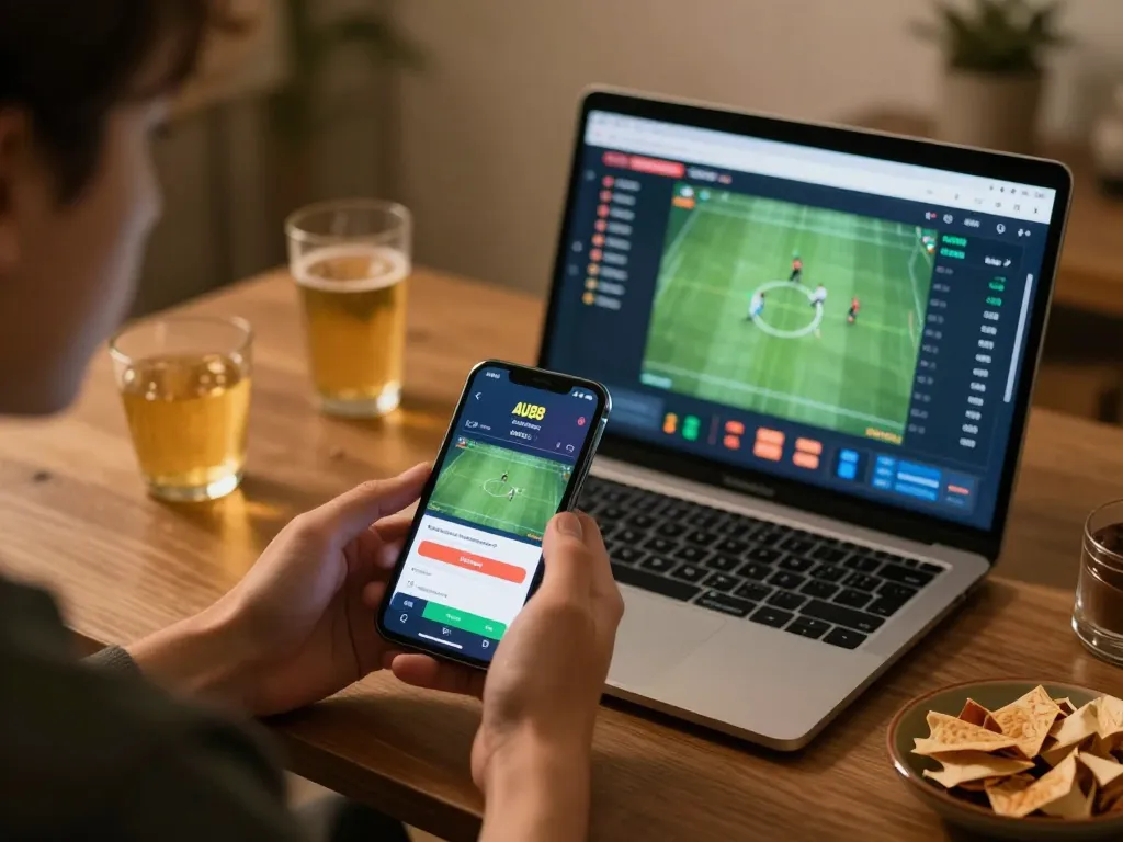 Engaging moment with AU88 betting app on smartphone during exciting sports betting session at home