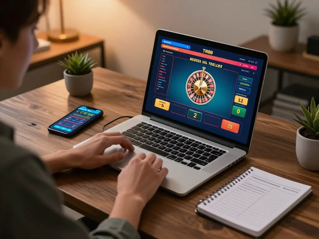 Engage with TR88 in a cozy home setup featuring live dealer roulette on laptop and betting tools for strategy.