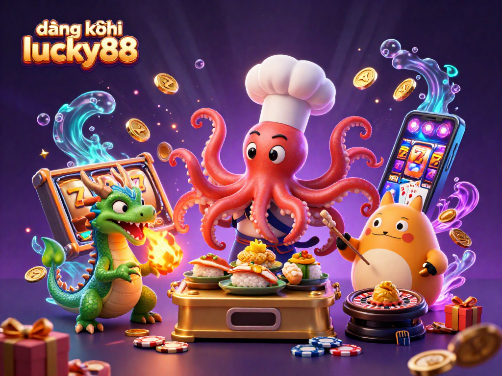 Experience the thrill of đăng ký lucky88 with immersive 3D casino action featuring an octopus chef and vibrant slot games.