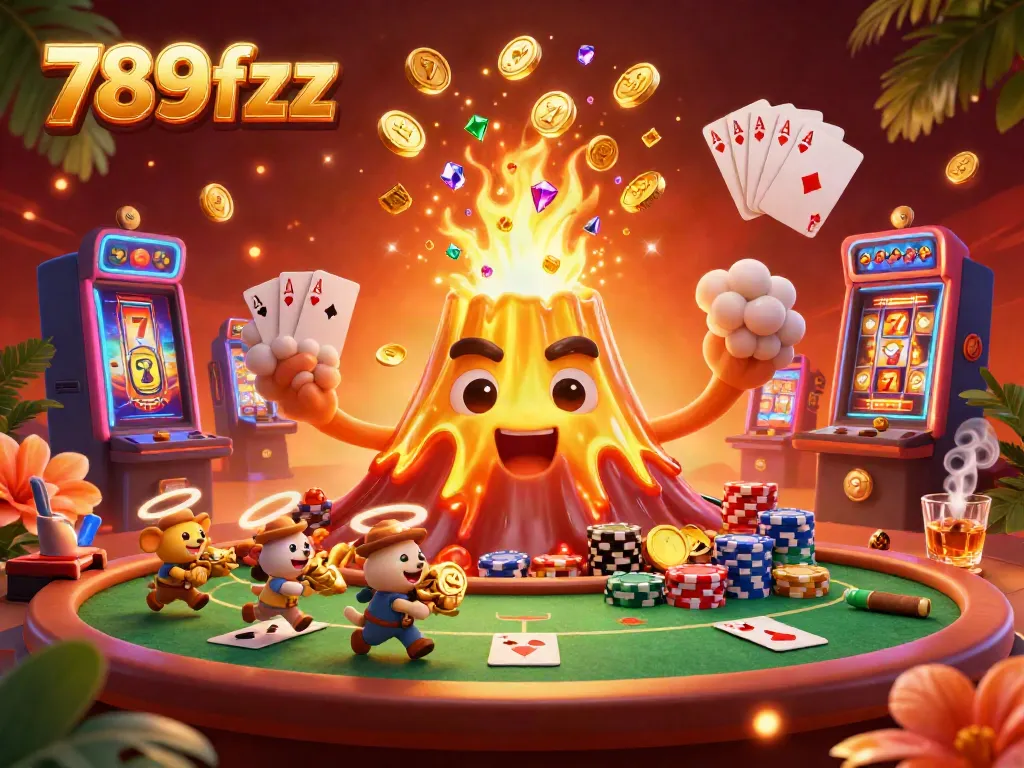 Experience thrilling 789fzx casino action as golden volcano erupts with coins and treasure, framed with vibrant game elements.