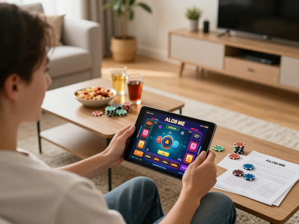 Engaging with ALO8 ME online casino platform on a tablet in a cozy home setting