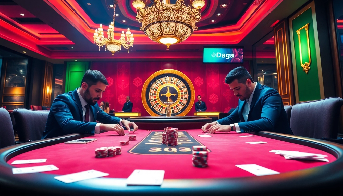Daga poker players engaged at a high-stakes table in a vibrant casino atmosphere.