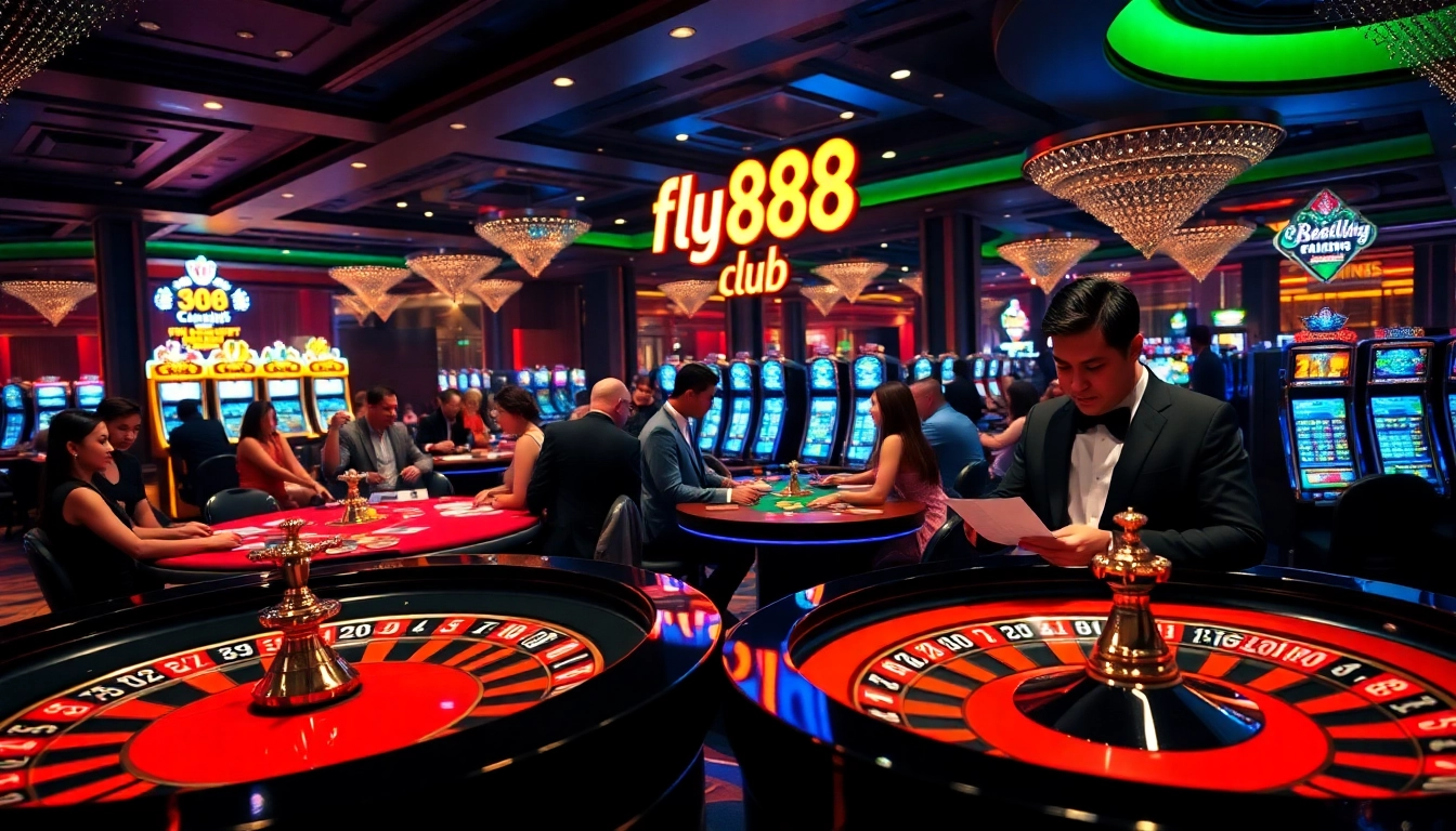 A thrilling scene at fly888 club casino featuring players at poker tables and a spinning roulette wheel.