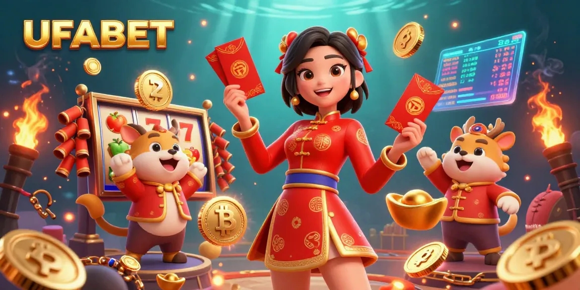 Engage in thrilling gameplay at UFABET with vibrant illustrations of online casino elements and festive character designs.