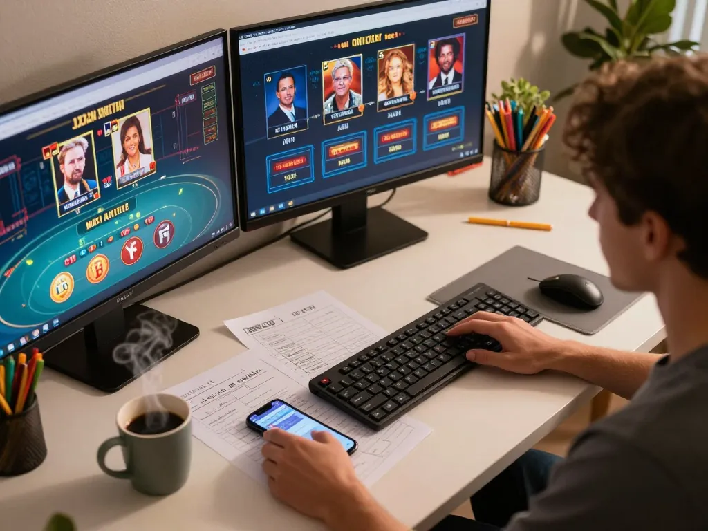 Playing online poker on O8 com with a cozy atmosphere, strategic notes and casino app displayed.