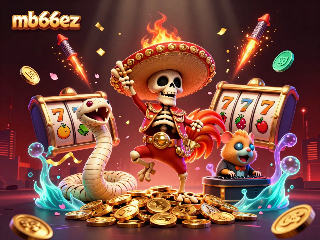 The mb66ez casino scene features vibrant characters celebrating over slot reels and golden coins.