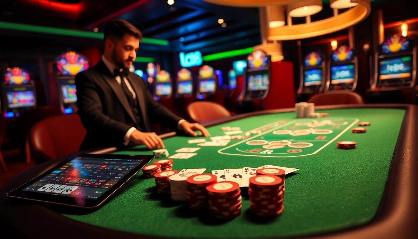 Captivating casino scene at lc88 featuring high-stakes poker and vibrant slot machines.