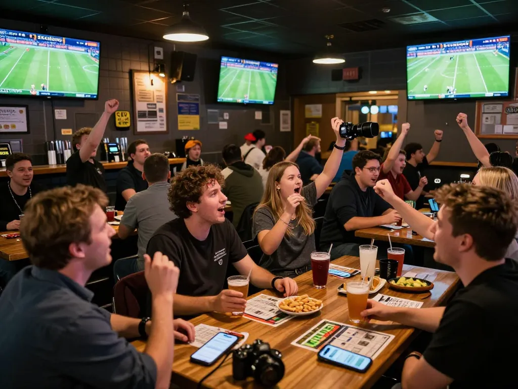 Socolive viewers enjoying live football matches with betting apps open in a lively sports bar.