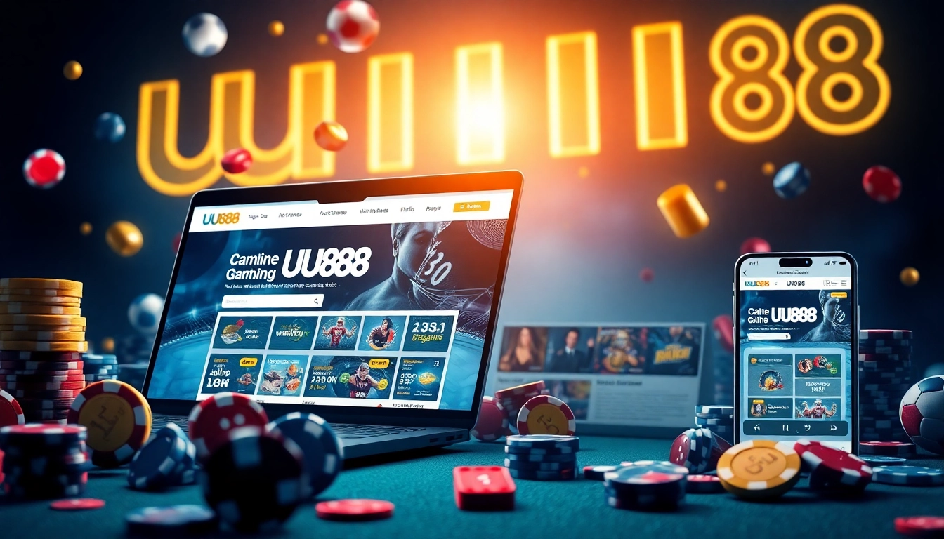 Exciting UU88 online gambling setup with laptop, mobile, and gaming elements.