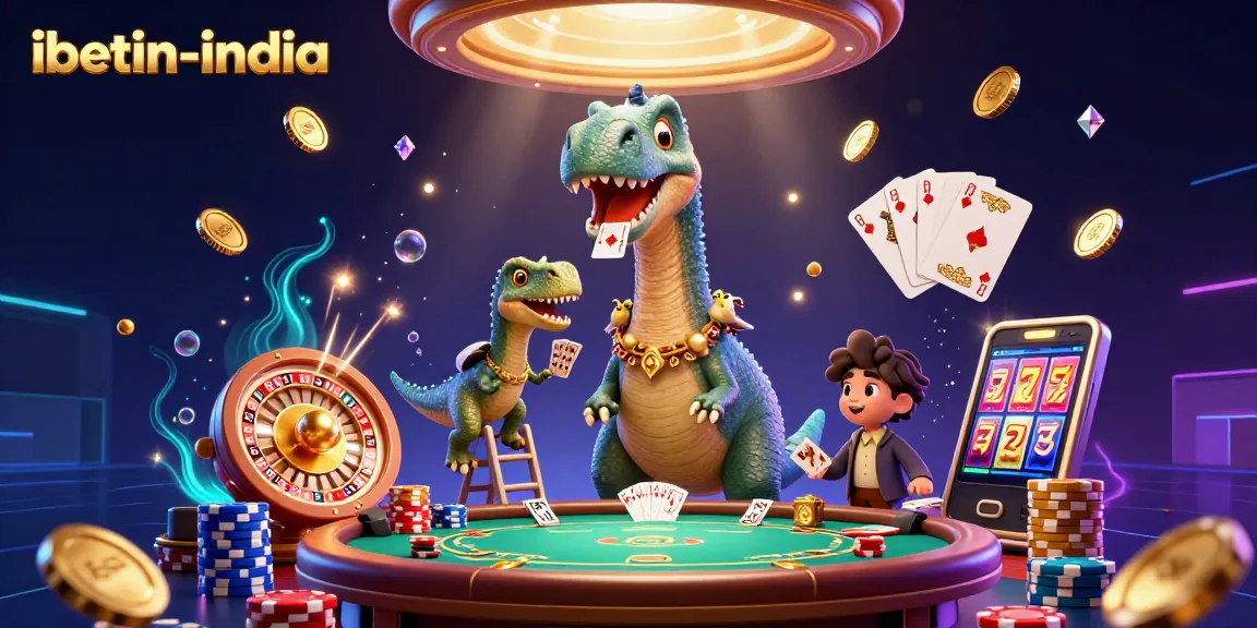 Engage with ibetin-india's vibrant gaming scene featuring a giant brontosaurus and a clever raptor in a lively casino.