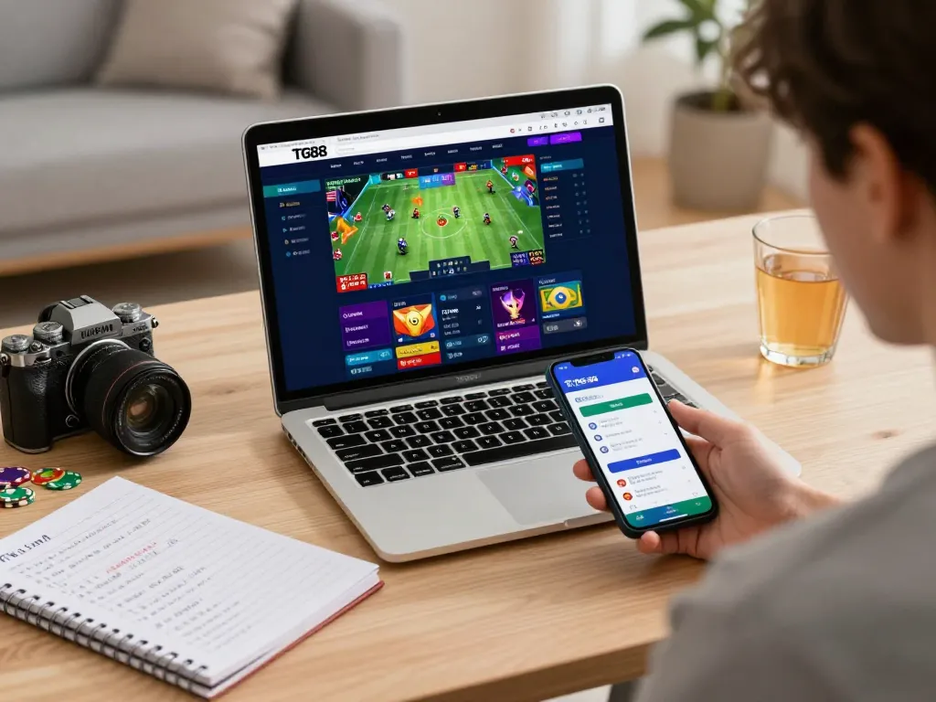User engaging in TG88 đăng nhập on modern laptop, excitedly exploring online gambling opportunities with smartphone notifications and notes.