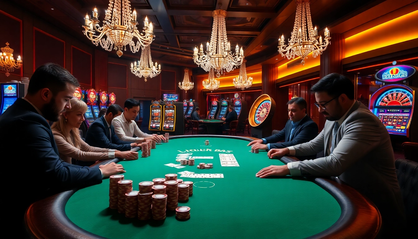 A thrilling poker game at B52 Casino with players engaged in intense bets and colorful chips.