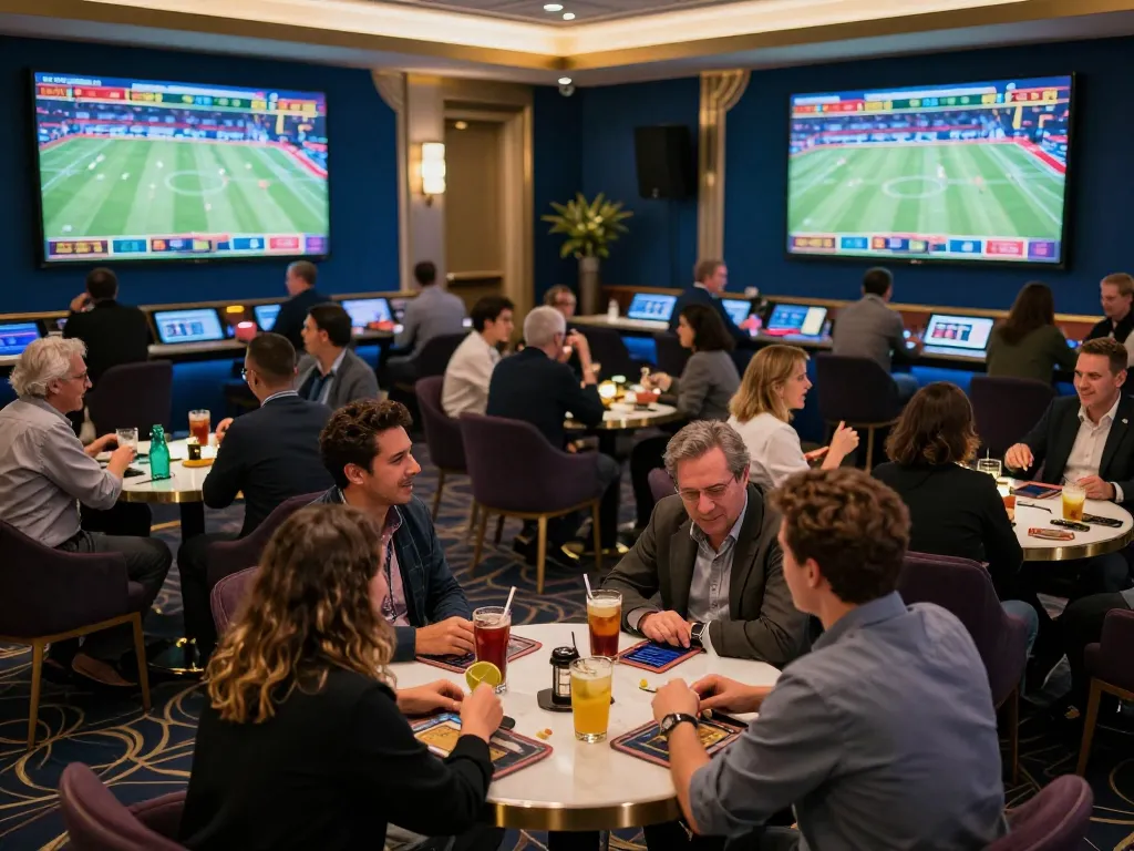 Excited patrons placing bets during a sports event at a ww88 lounge, showcasing vibrant atmosphere and strategic gameplay.
