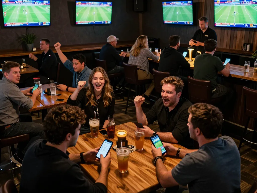 Exciting sports betting atmosphere with fans placing bets on mobile apps at PHTAYAB.