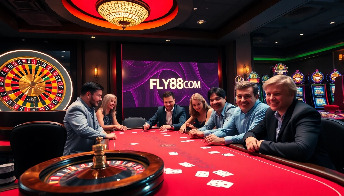 Engaging scene of gambling excitement at FLY88.COM with roulette, poker tables, and slot machines.