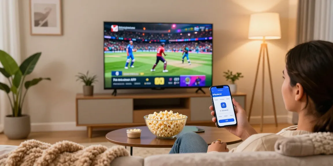 Pikashow APK download showcased in a cozy living room, viewer streaming movies and IPL matches on Smart TV.