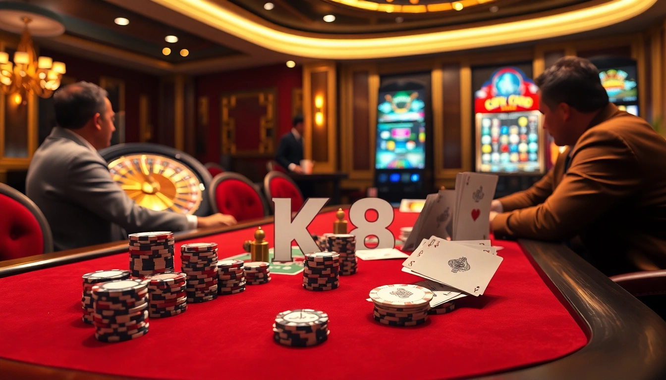 Casino scene featuring KP88 with players at a poker table enjoying high-stakes gaming.