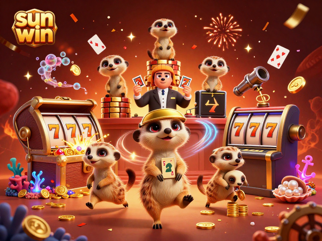 Experience sun win with meerkats running a vibrant casino surrounded by treasure and games.