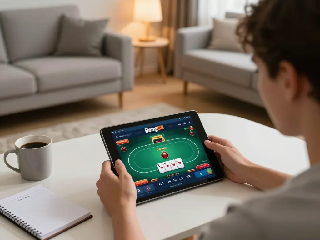 Bong88 player engaging in an online poker game on tablet in cozy living room.