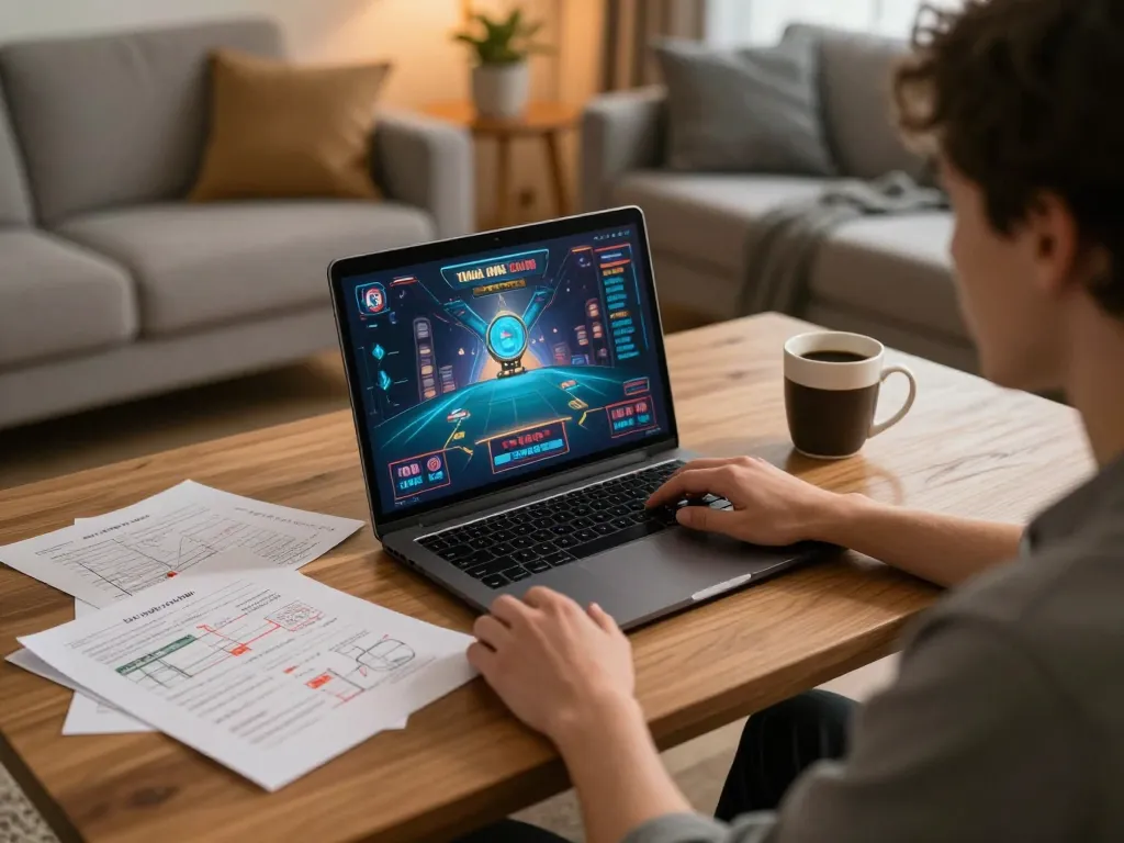 Engaging in online casino gaming at https://sx88.bio/ with a laptop and notebooks in a cozy setting.
