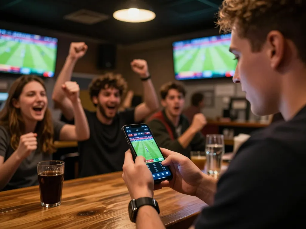 Player engaged in sports betting using nhà cái 98win app at a sports bar, highlighting excitement and strategy.