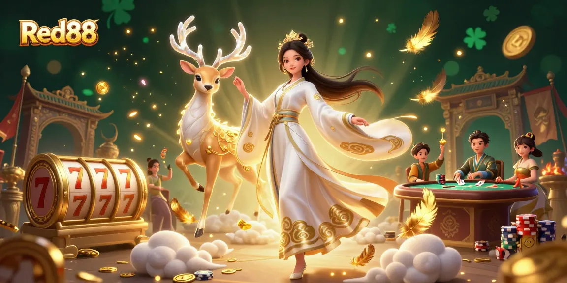 Bet on big wins with Red88 featuring an enchanting 3D Asian woman amidst vibrant casino elements.
