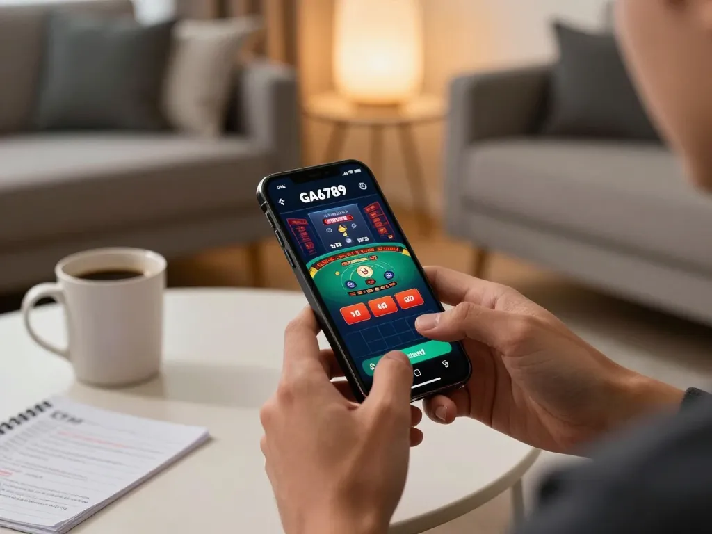 Betting on GA6789 mobile app showcasing a live casino game in a cozy home setting.