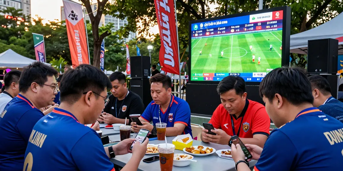 Tỷ lệ kèo nhà cái displayed at an outdoor sports event, with fans engaged and analyzing live match data.